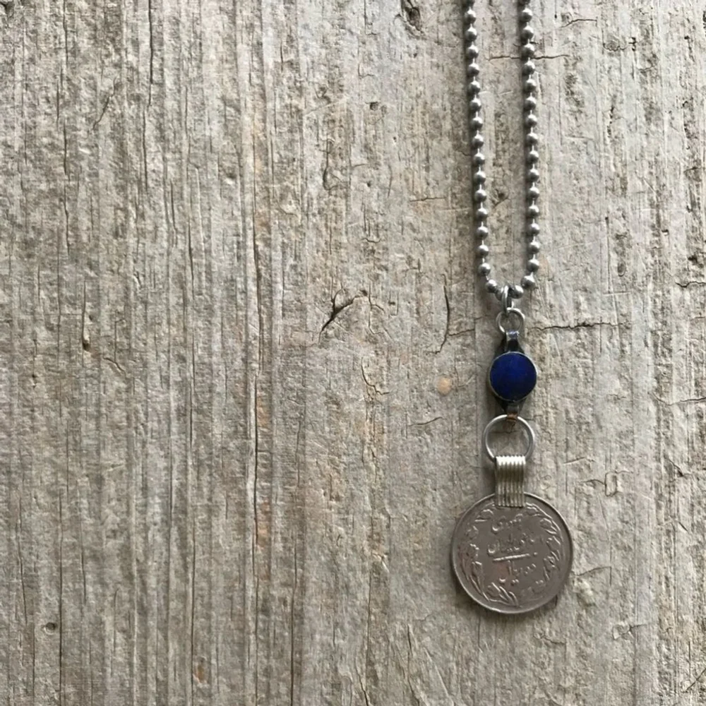Rustic Lapis Lazuli Ethnic Coin Charm Necklace - 30 Inch Chain